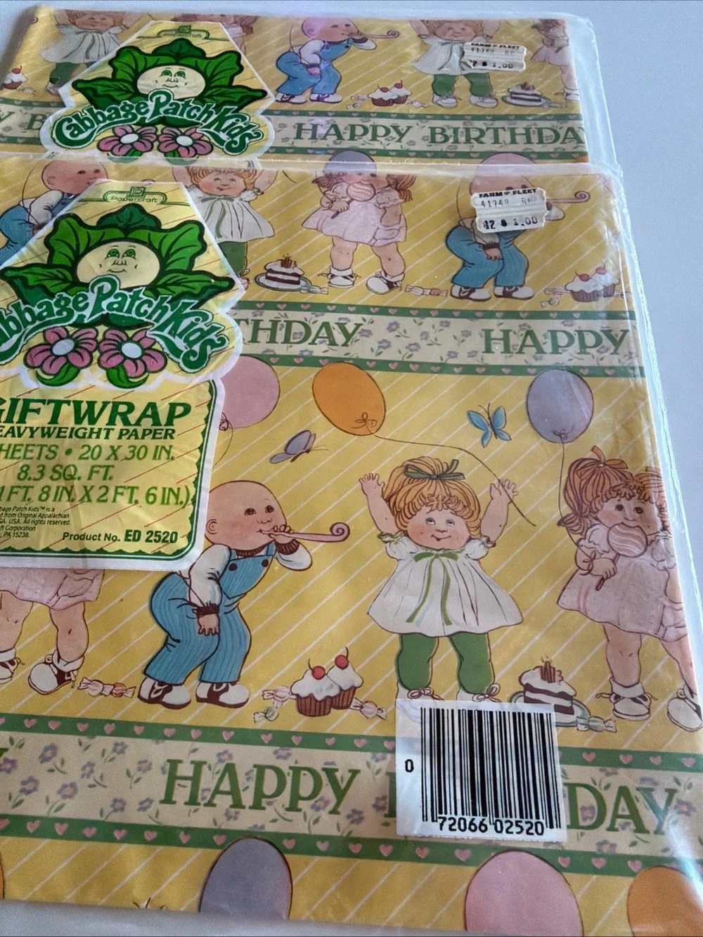 2 Pkgs Sealed CABBAGE PATCH KIDS 1983 Happy Birthday Heavyweight Gift Wrap NOS
